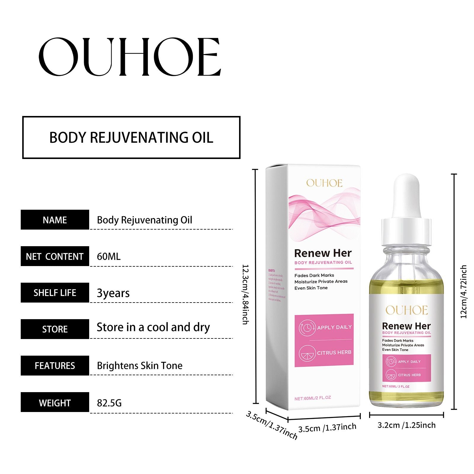 OUHOE Körperaufhellungsöl: Feuchtigkeit spendet, dunkle Stellen aufhellt, zart und rasch einziehend