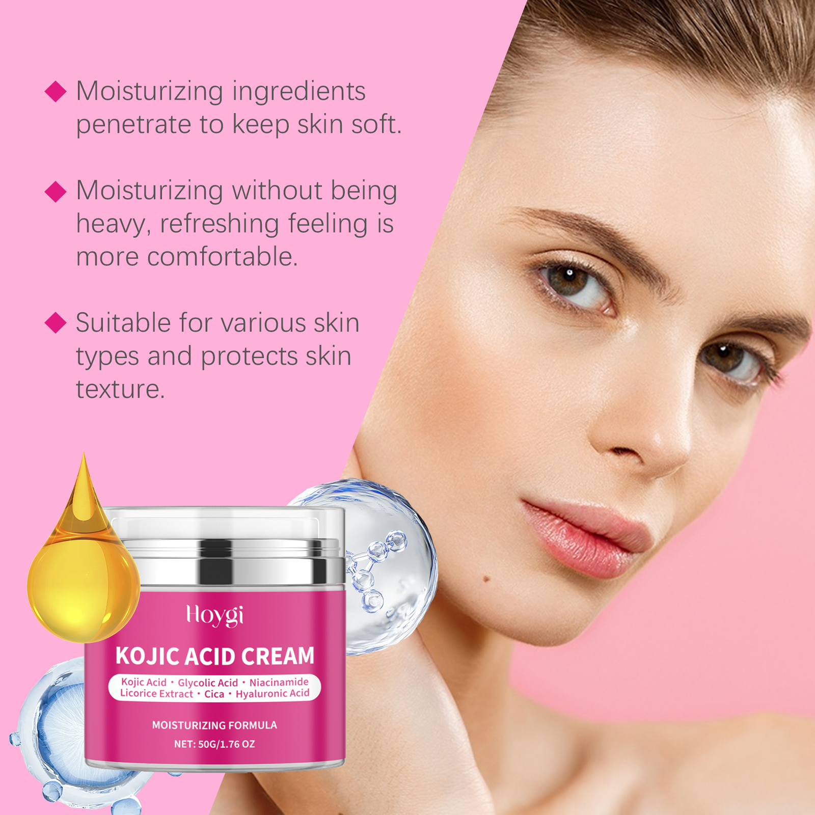 Hoygi Hyaluronsäure Aufhellende Creme, Sanfte Feuchtigkeitspflege, Straffung und Aufhellung des Hauttons