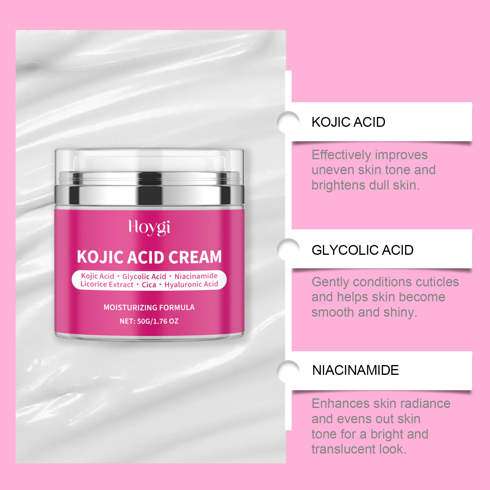 Hoygi Hyaluronsäure Aufhellende Creme, Sanfte Feuchtigkeitspflege, Straffung und Aufhellung des Hauttons