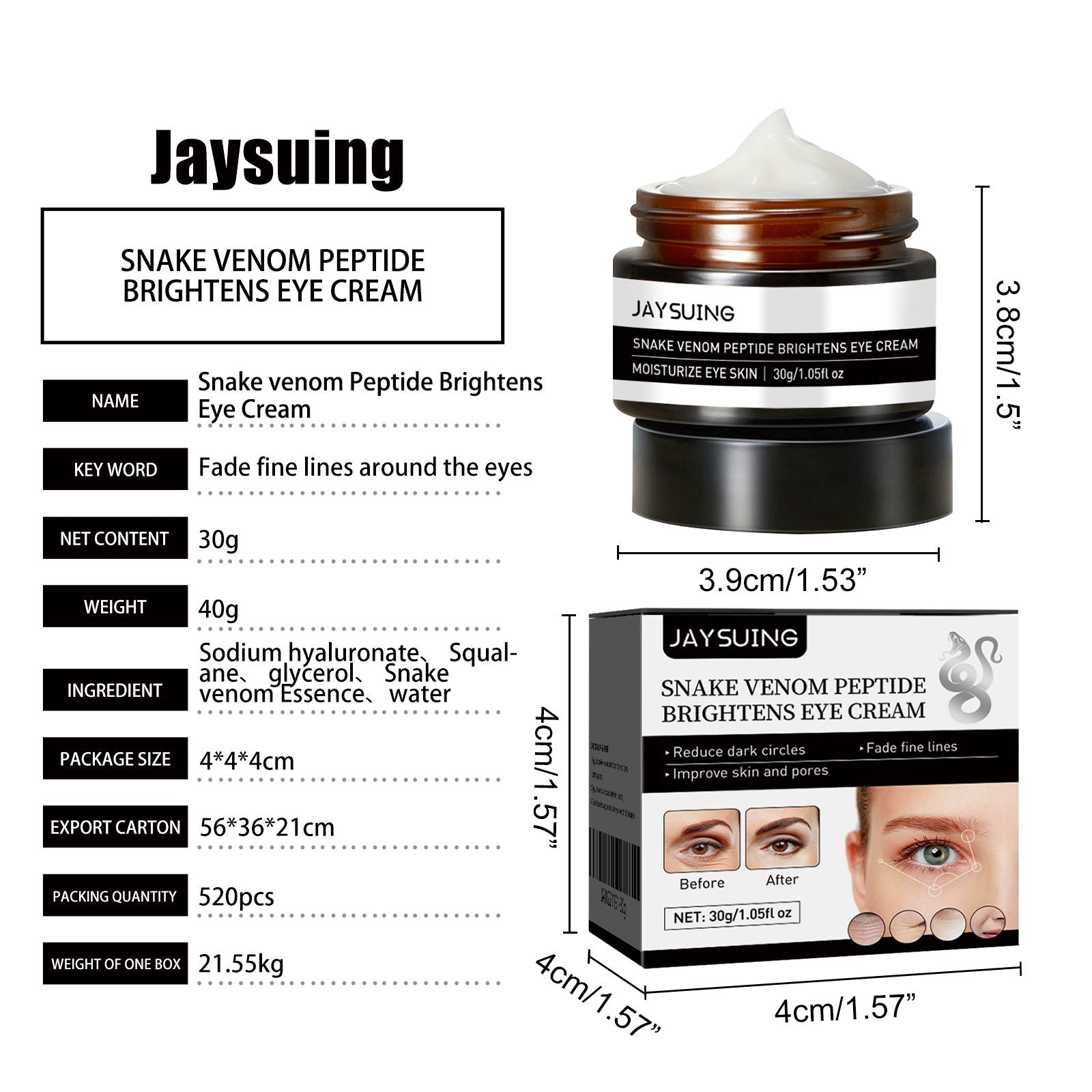 Jaysuing Schlangengift-Peptid-Augencreme – Aufhellend, Feuchtigkeit spendend, gegen Trockenheitslinien und Augenringe, Revitalisierende Augencreme