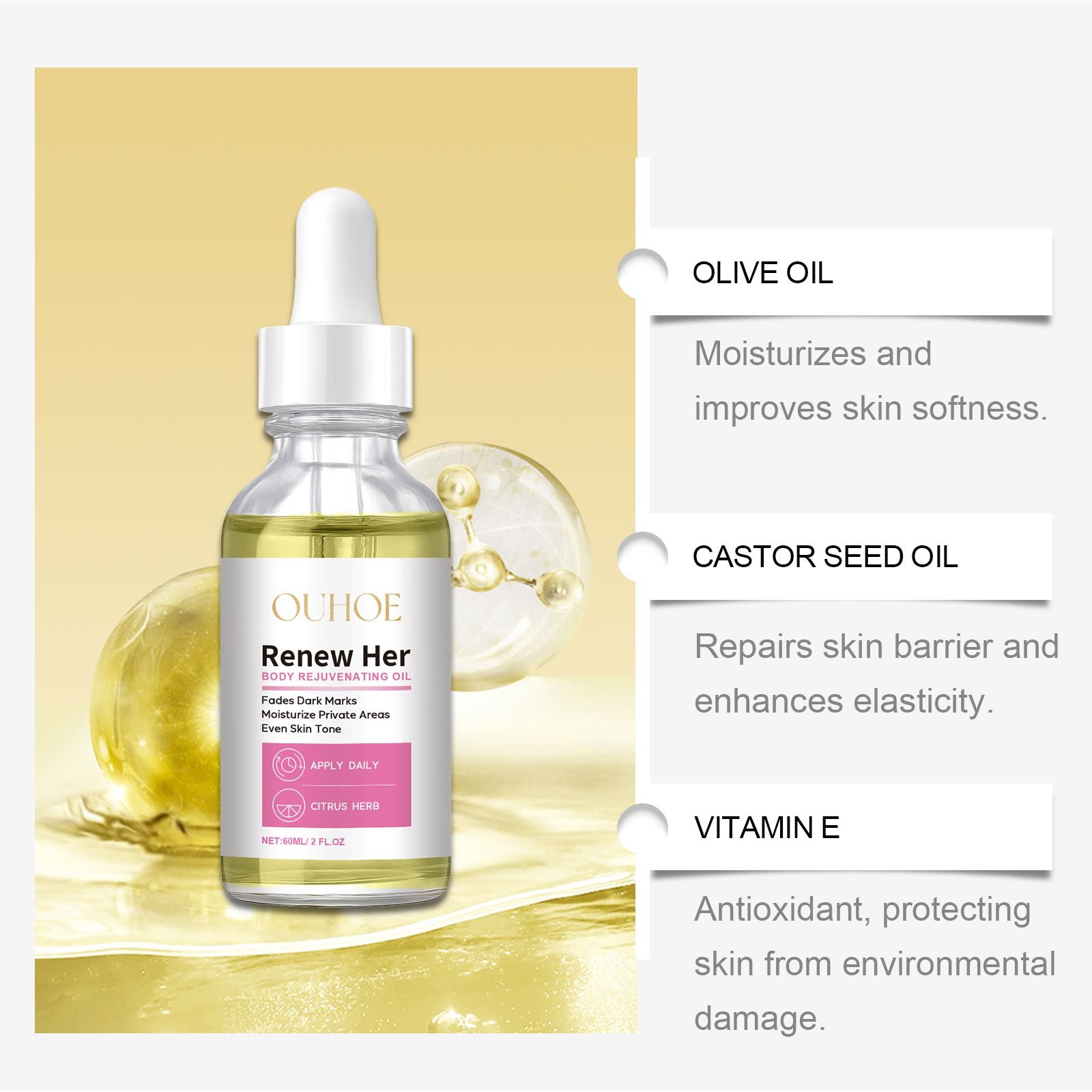 OUHOE Körperaufhellungsöl: Feuchtigkeit spendet, dunkle Stellen aufhellt, zart und rasch einziehend
